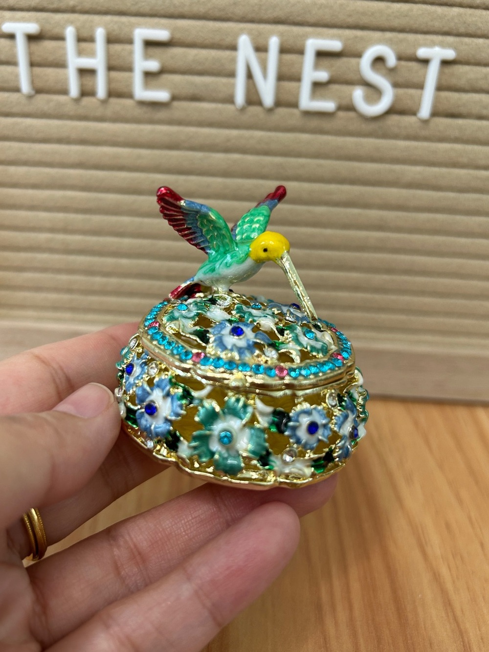 NWT Hummingbird Floral Enamel Jeweled Trinket Box Hinged Jewelry Box
